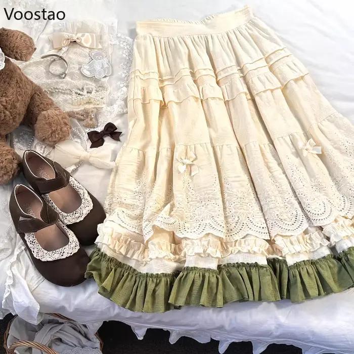 Mori Girl Style Lolita jupe Midi femmes Vintage broderie dentelle florale nœud volants jupes longues femme Prairie Chic