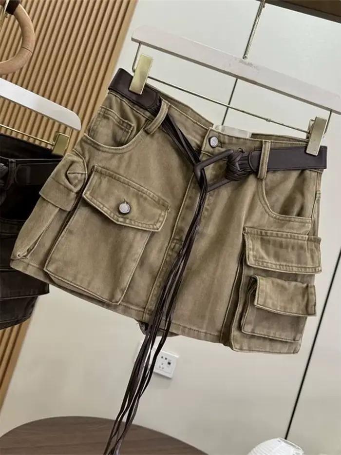Femmes marron Cargo jupe 2000s Vintage Harajuku Gyaru taille haute