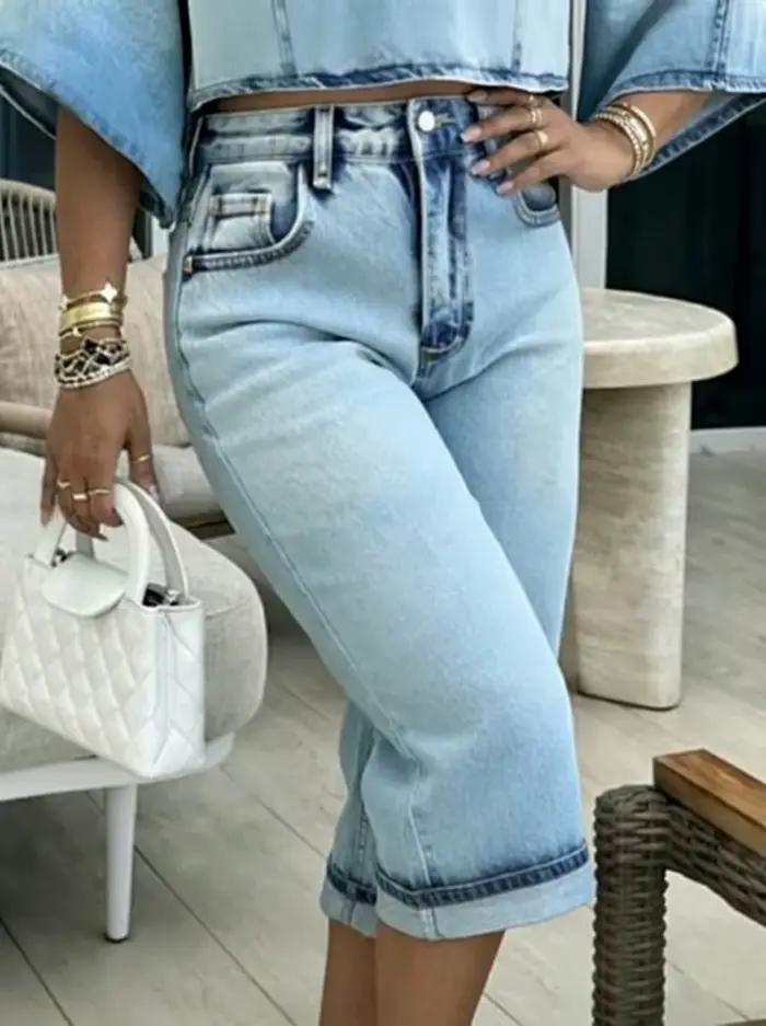 Jean large taille haute délavé bleu clair style vintage pour femme Bonboho – Collection été 2026 – Tenue de vacances en denim