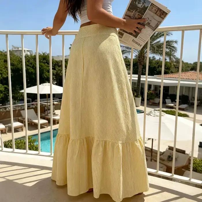 Jupe longue maxi évasée à volants et rayures gingham pour femme