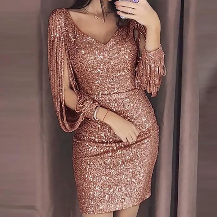 Robe Brillante Polyester pour Invité de Mariage Élégante et Glamour Femmes Longues Brillantes Mini Paillettes Couture Solide Robe Sexy Club Robe Pour Femmes Occasions Spéciales