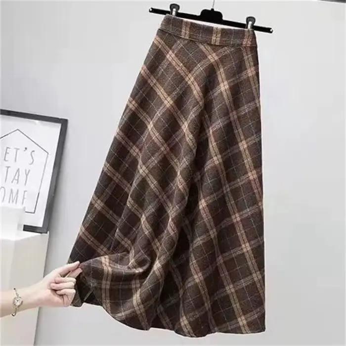 Jupe en laine à carreaux brun foncé pour femmes, coupe moderne, silhouette une ligne, tour de taille empire, printemps été, polyester voile, décoration none, mi-mollet