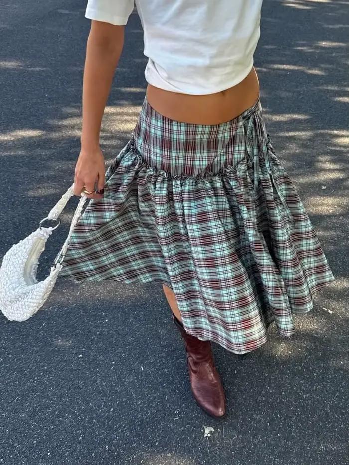 Jupe mi-longue à carreaux taille basse pour femmes