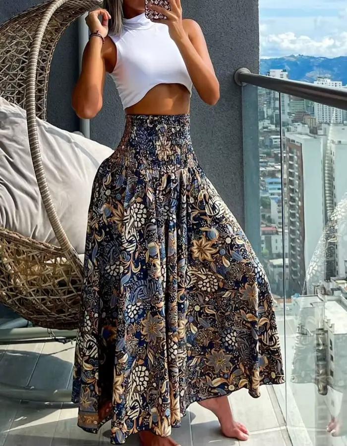 Jupe longue en polyester imprimé floral pour femmes, coupe régulière, élégante, confortable, idéale pour l'été, occasions spéciales, bureau, détente