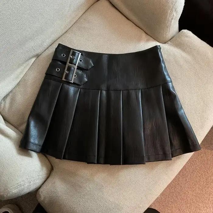 Jupe XS-3XL Y2K en faux cuir plissée pour femmes, décontractée et vintage, coupe haute, mini jupe, polyester, détails écharpes, pour festivals de musique et soirées spéciales