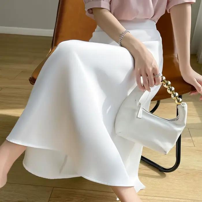 Jupe mi-longue trapèze en satin acétique pour femme, décontractée, coupe slim, idéale printemps-été, rayonne et élasthanne, tailles M, L', XL, XXL