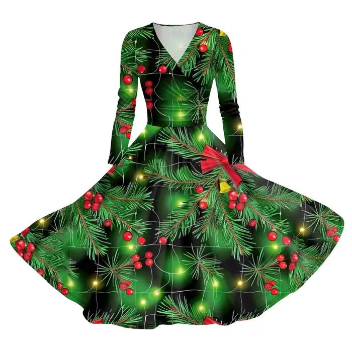Robes de cocktail rouges pour femmes, manches longues, robe pin-up, mince, imprimé bonhomme de neige, balançoire, Noël, nouvel an, mode