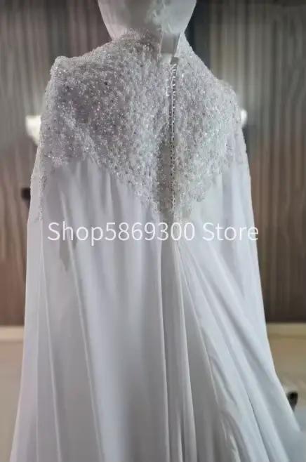 Robe de mariée musulmane à manches longues, élégante, col haut, en mousseline de soie perlée, coupe trapèze, pour femmes arabes, personnalisable