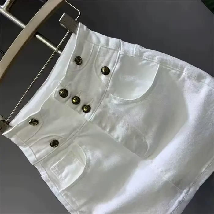 Nouvelle jupe en jean taille haute blanche bouton a-word jupes de hanche pour les femmes avec poche