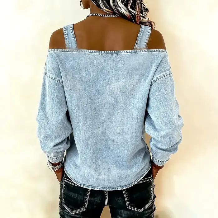Haut en jean pour femme, haut élégant à épaules dénudées et manches longues avec bretelles, chemise en jean élégante et polyvalente, Streetwear