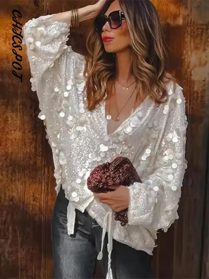 Nouveaux hauts amples à lacets et sequins pour femmes