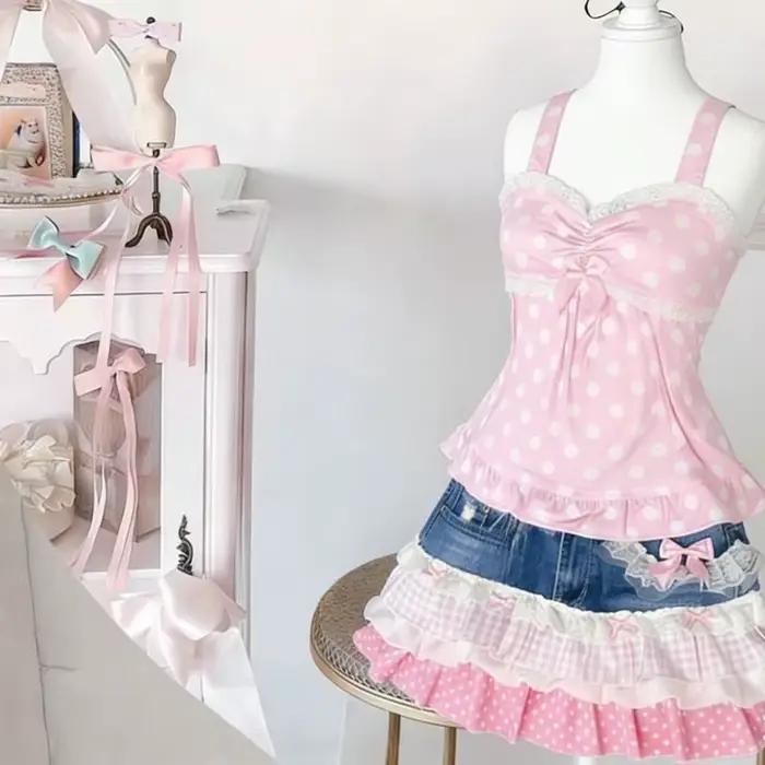 Jupe courte Y2K vintage rose patchwork en jean douce pour jeunes filles mode créateur effets gâteau dentelle pois mini au-dessus du genou occassions spéciales printemps été