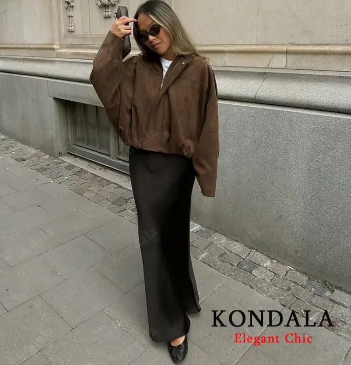 KONDALA élégant Satin mince Midi solide jupe femmes élastique taille haute a-ligne décontracté femme