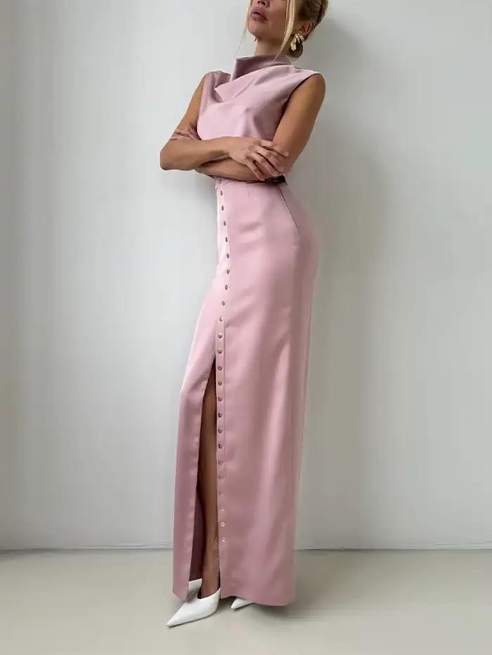 Ensemble de jupes longues en satin hfwomenfz pour femmes, col montant, sans manches, taille haute, fendues, coupe droite, tenues de soirée, printemps 2026