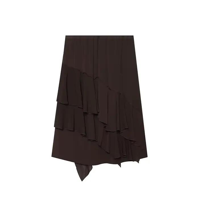 YENKYE Jupe midi asymétrique à volants marron foncé pour femme