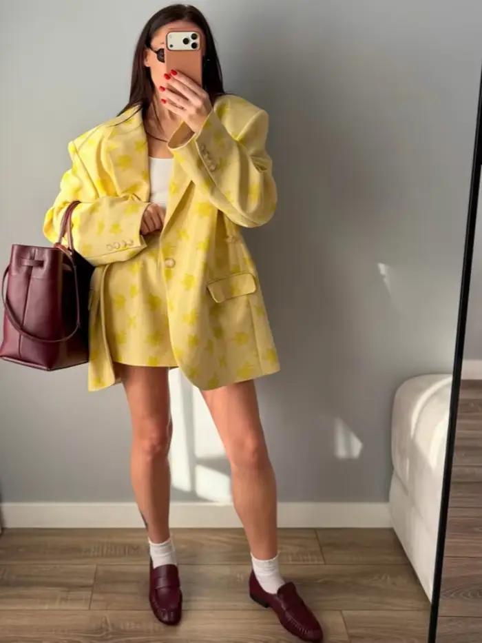 Ensemble décontracté jupe et blazer imprimé pour femme – Manteau élégant à revers et boutons