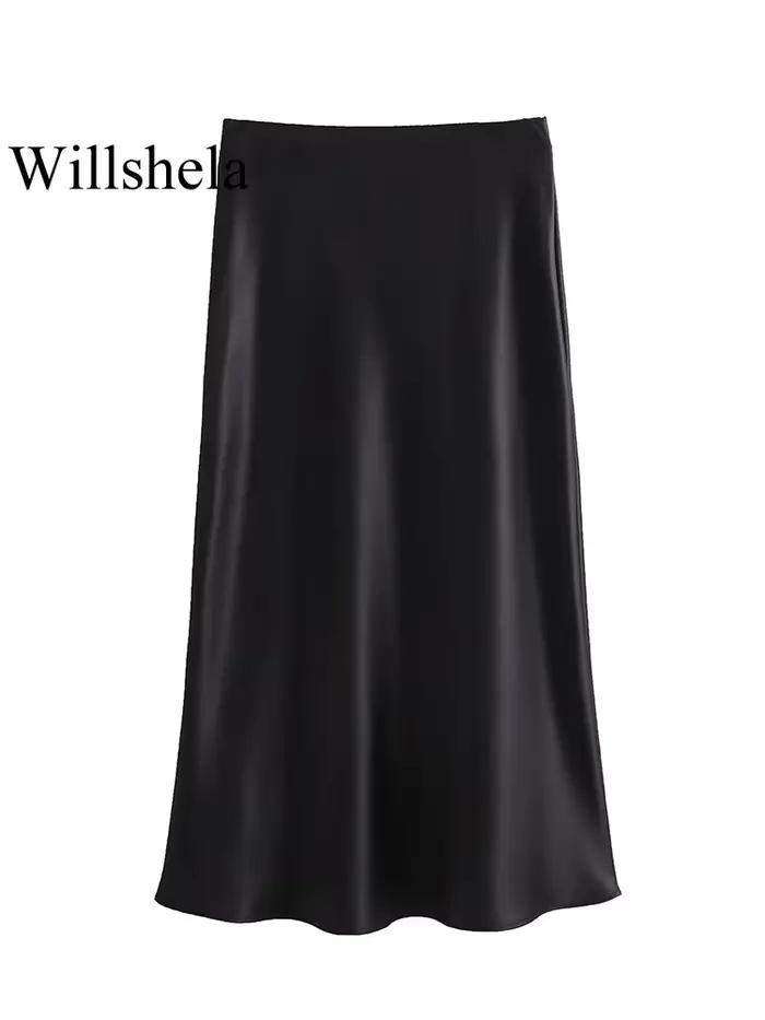 Willshela femmes mode Satin solide plissé jupe Midi Vintage taille mi élastique femme Chic dame jupes