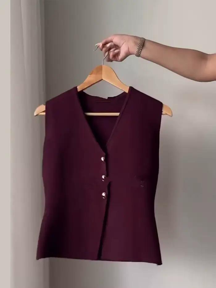 Femmes tricoté jupe ensemble vin rouge col en v sans manches Sllim gilet solide taille haute