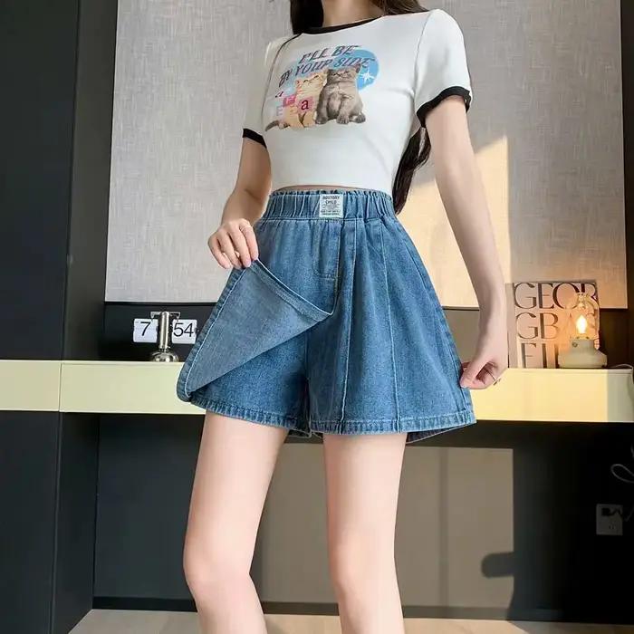 Jupe-short en jean à taille élastique effet deux pièces pour femme