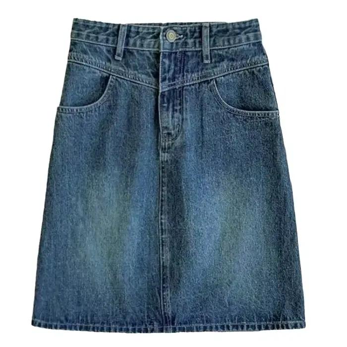 Mini jupe en Denim délavé rétro, taille haute, amincissante, ligne a, demi-corps, jupe enveloppante, en coton tricoté, fermeture éclair, décoration