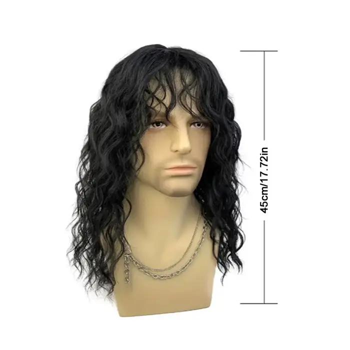 Perruque synthétique noire naturelle de 18 pouces, cheveux longs bouclés pour hommes, usage quotidien avec frange, Punk Rock, tenues cadeaux, perruque de fête costumée