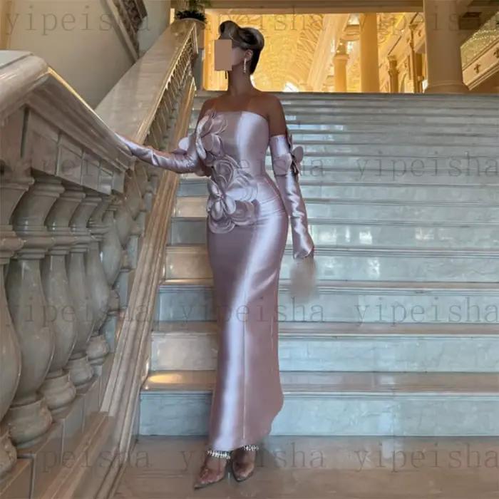 Robe de soirée sans bretelles personnalisée, moderne, avec des appliques florales 3D, longueur cheville, robe de bal droite, épaules dénudées, longue robe en Satin