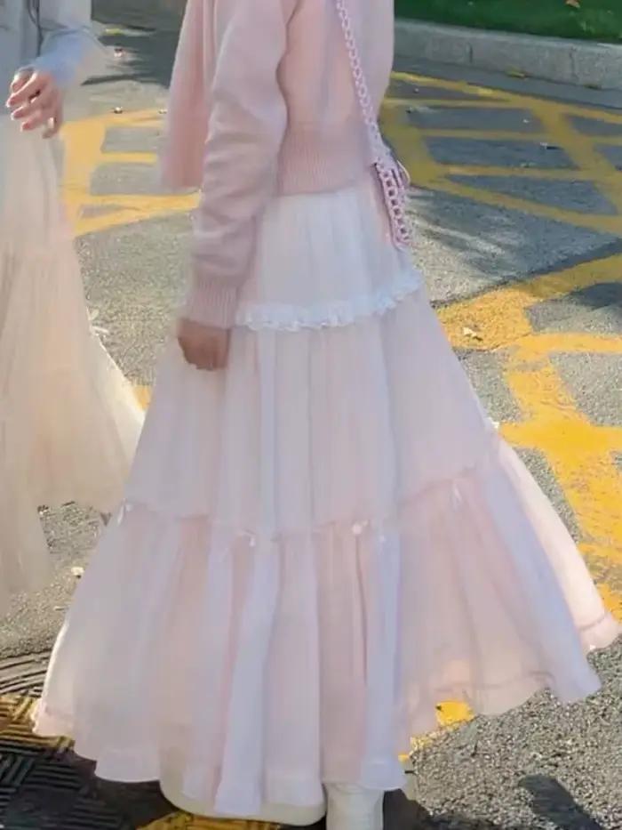 Jupes douces femmes nœud papillon dentelle Patchwork Stretch taille haute printemps 2025 mode élégante jupe longue femme décontracté
