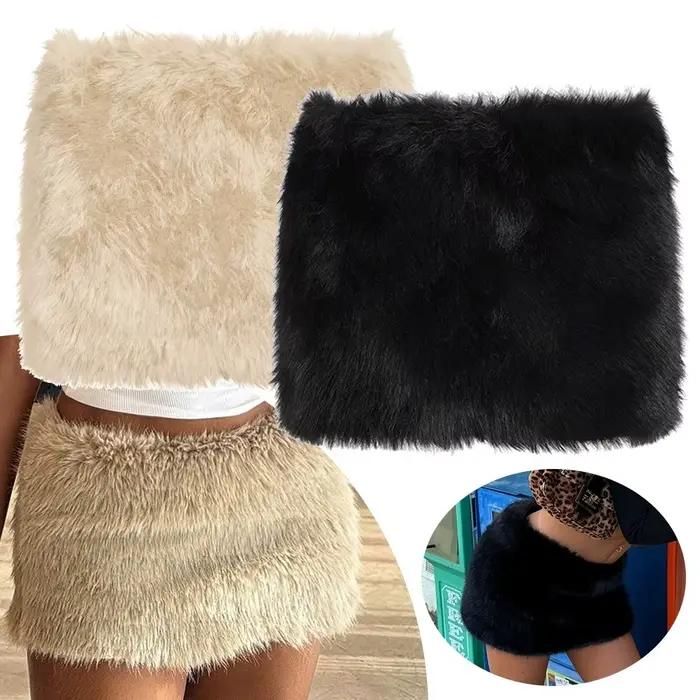 Mode luxe hanche jupe fourrure artificielle taille basse Mini