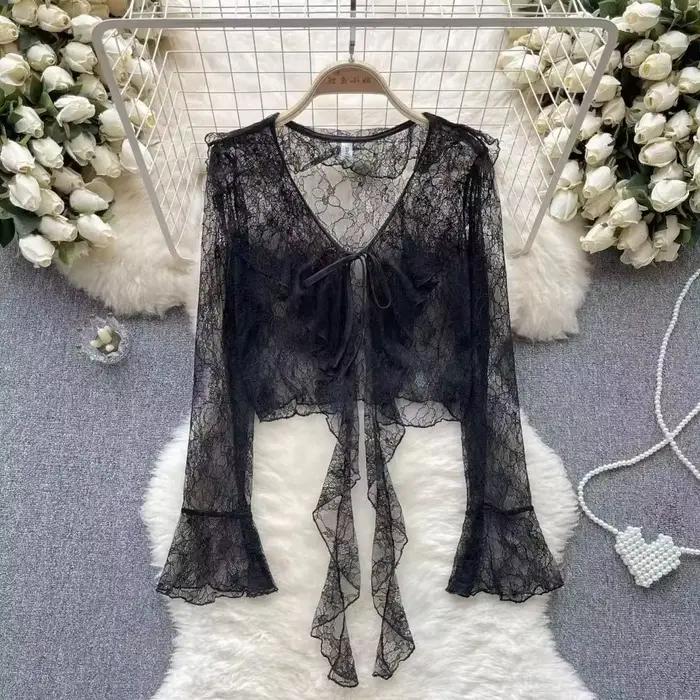Manches longues mince respirant T-shirts femmes dentelle nœud Cardigan Blouse vêtements volants protection solaire