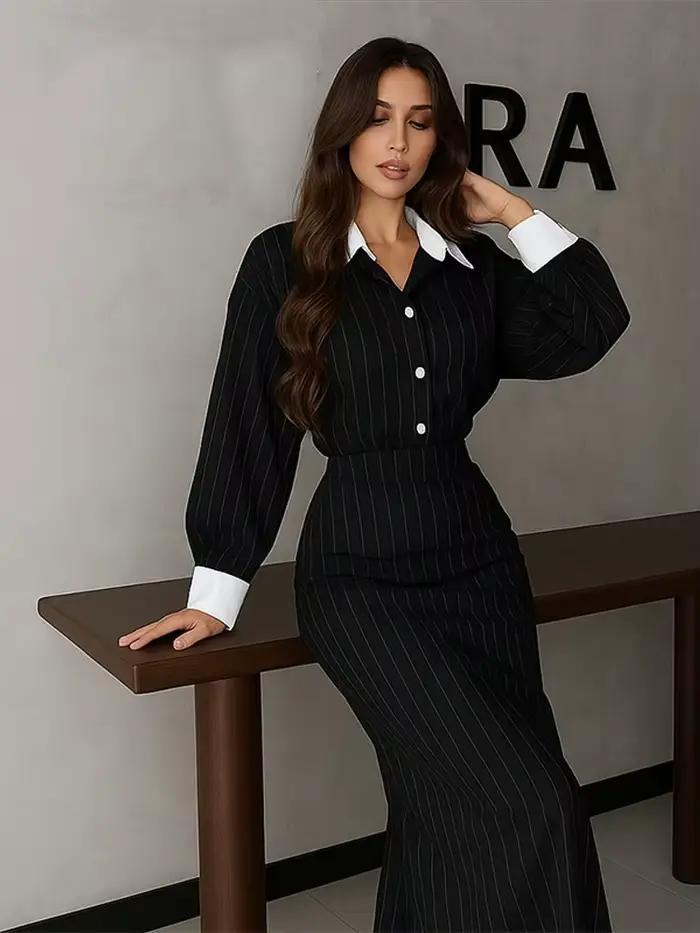 Ensemble jupe à rayures élégante pour femmes, mode revers Patchwork, chemise à manches longues, paquet de hanches, jupes longues, tenues d'été et d'automne pour dames, 2025