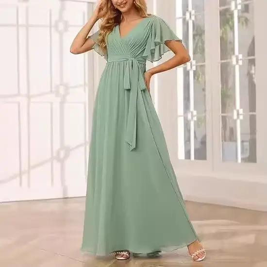 Robe longue en mousseline de soie pour femmes, Semi-formelle, manches courtes, col en v, longueur au sol, robe Maxi