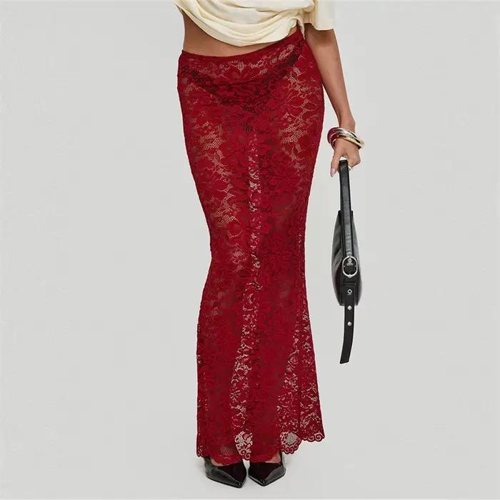 Jupe longue florale en dentelle transparente pour femmes