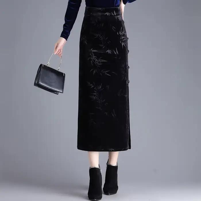 ZUZK velours imprimé jupe moulante élastique taille haute coupe droite mi-longue fente femmes automne hiver nouvelle