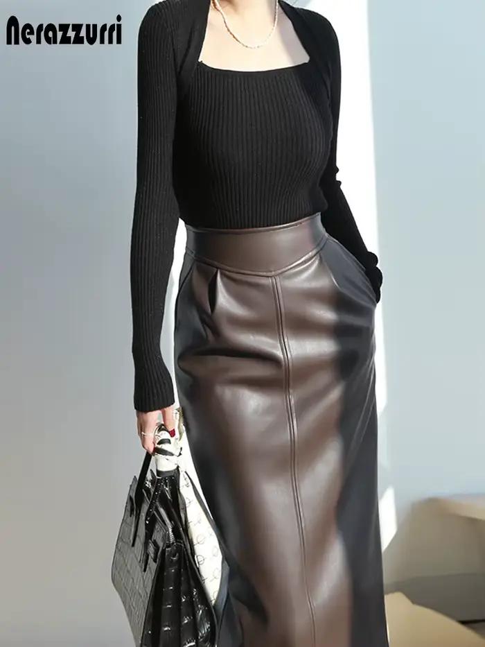 Jupe mi-longue en simili cuir PU pour femme, fermeture éclair fente latérale, silhouette élégante, adaptable à toutes les tailles, polyvalente pour bureau et soirées