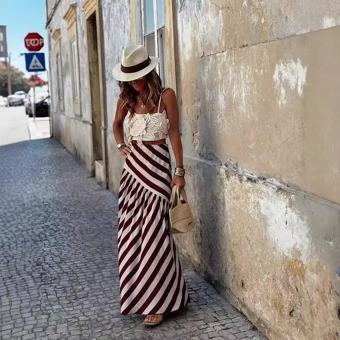Printemps automne rayure imprimé jupes femmes mode décontracté vacances Style a-ligne jupe