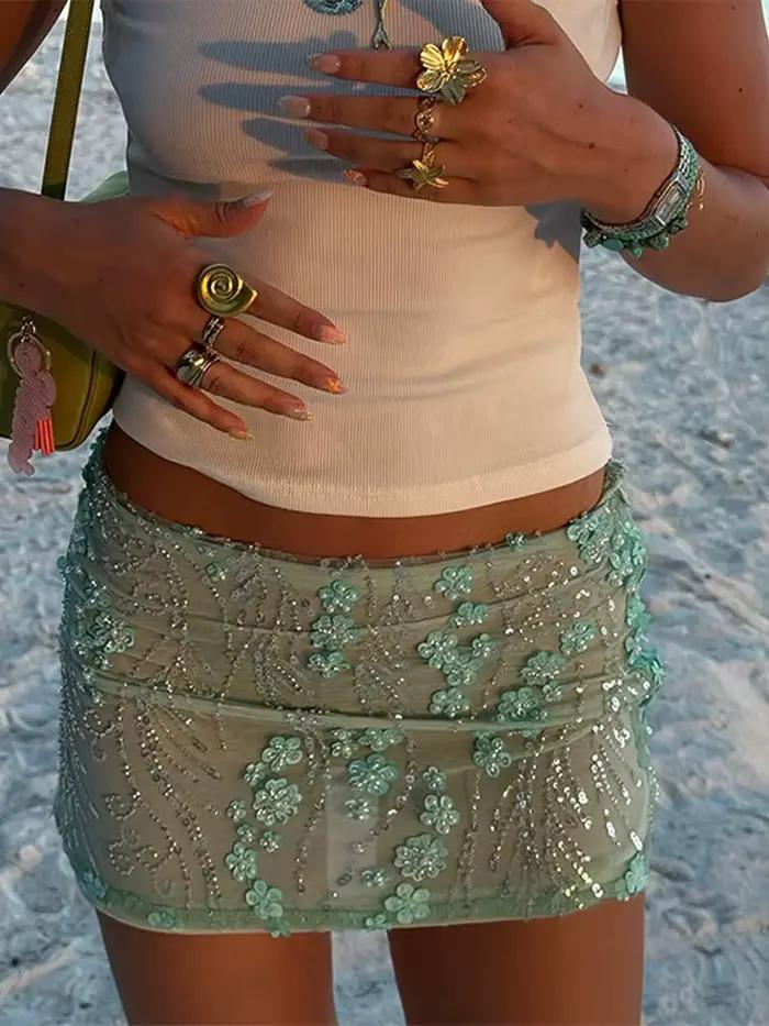 Jupe à paillettes perlées vert menthe maille bonbon taille haute amincissante preppy chic pour femmes soirées mariages galas et occasions spéciales