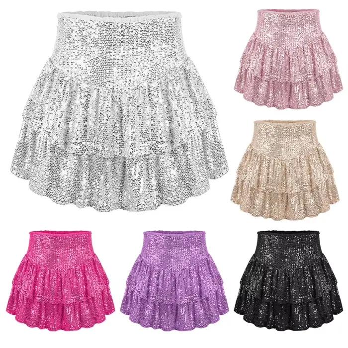 Nouvelle jupe courte plissée unie à sequins et perles pour femme 2026