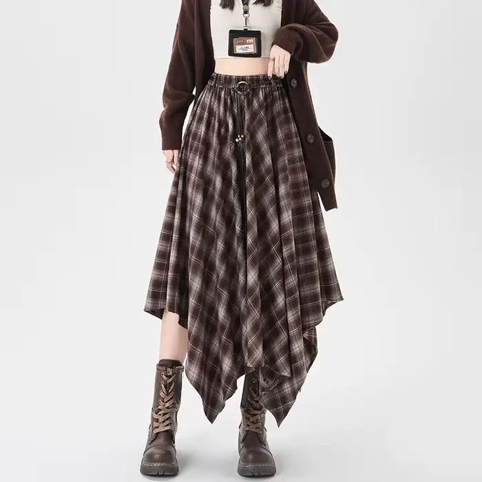 Jupe à carreaux taille haute élastique pour femmes