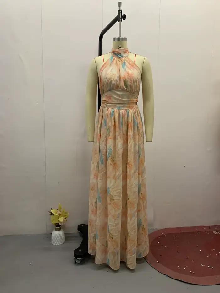 Robe longue femmes imprimer robes licou cou sans manches dos nu à lacets Maxi