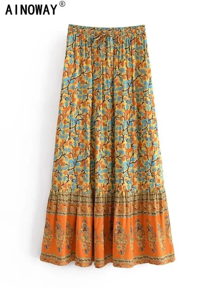 Vintage Chic Hippie femmes jaune imprimé fleuri plage bohème jupe haute taille élastique rayonne coton a-ligne Boho Maxi