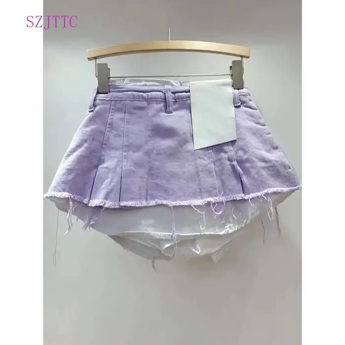 Jupe en jean femme taille haute plissée Patchwork couleur contrastée grandes poches bavures a-ligne Mini