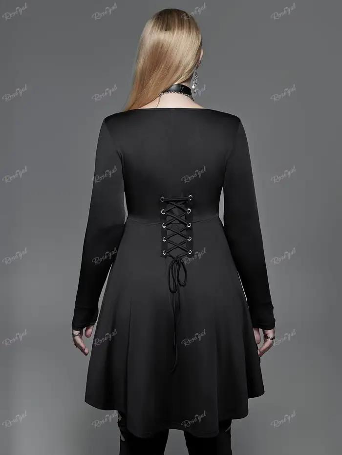 Tunique T-shirt Gothique Grande Taille pour Femme, Manches Longues, Bicolore, à Lacets au Dos, Froncée, avec Oeillets et Boucles, Ourlet Asymétrique