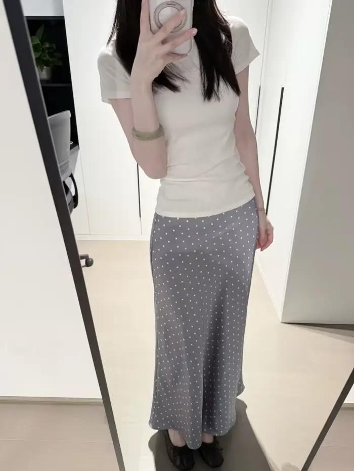 Jupe longue mi-longue à pois taille haute en satin fluide pour femme ETJ