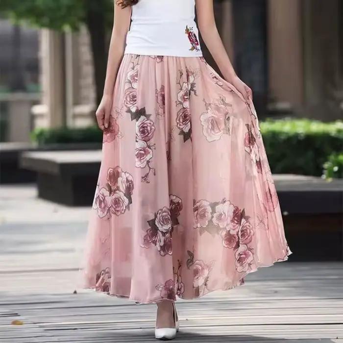 Mousseline de soie florale Maxi jupe d'été femmes longue taille haute vacances danse