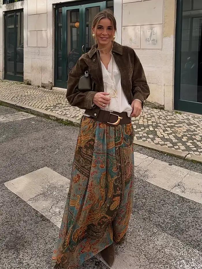 Jupe longue asymétrique à volants imprimés pour femme