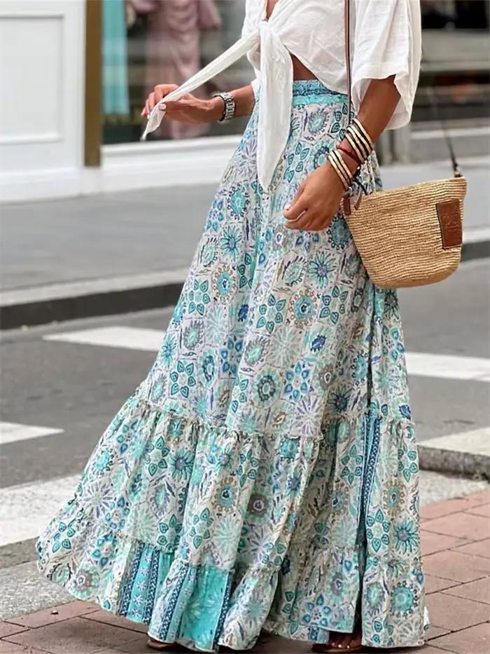 Femmes fluide Boho jupe imprimé ourlet à volants été