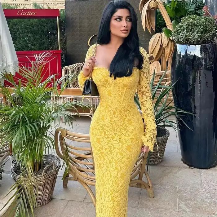 Robe de soirée jaune en dentelle florale, col cœur carré, longue et évasée, pour anniversaire, bal de promo, taille ajustée, robes de mariée personnalisées