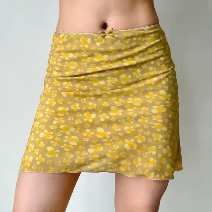 Jupe trapèze sexy rétro américaine jaune à imprimé papillon pour femme