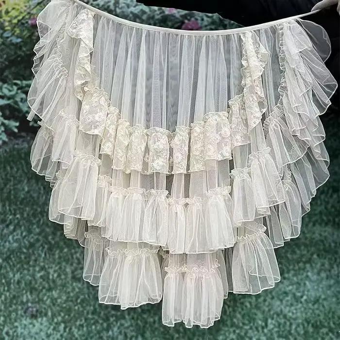 Gothique Lolita dentelle maille volants fée princesse jupe de fête femmes asymétrique mignon rideau pure couvrir mince