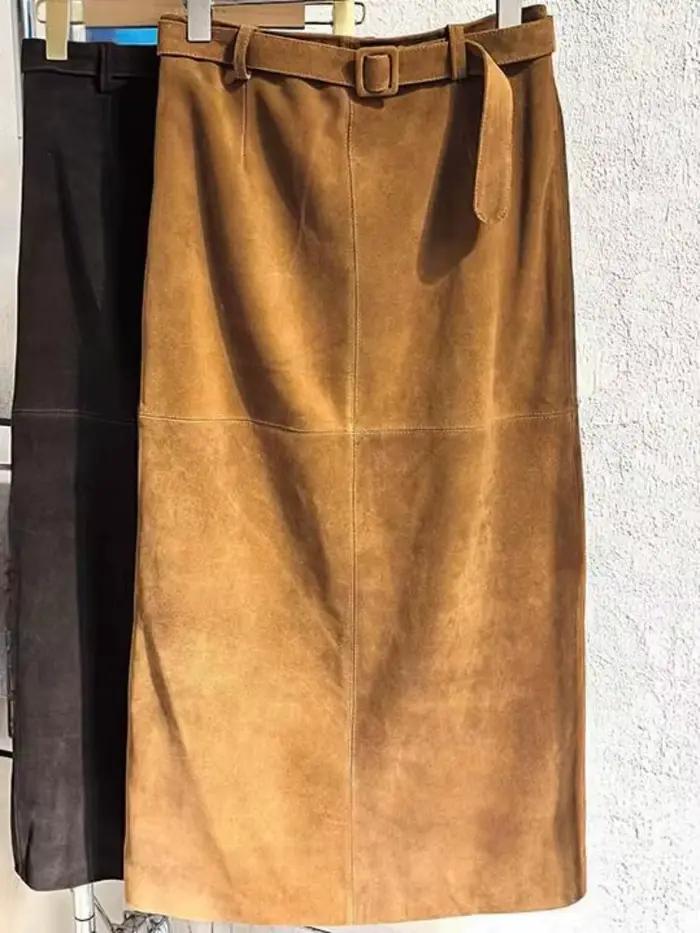 Jupes longues rétro en daim et cuir véritable pour femmes